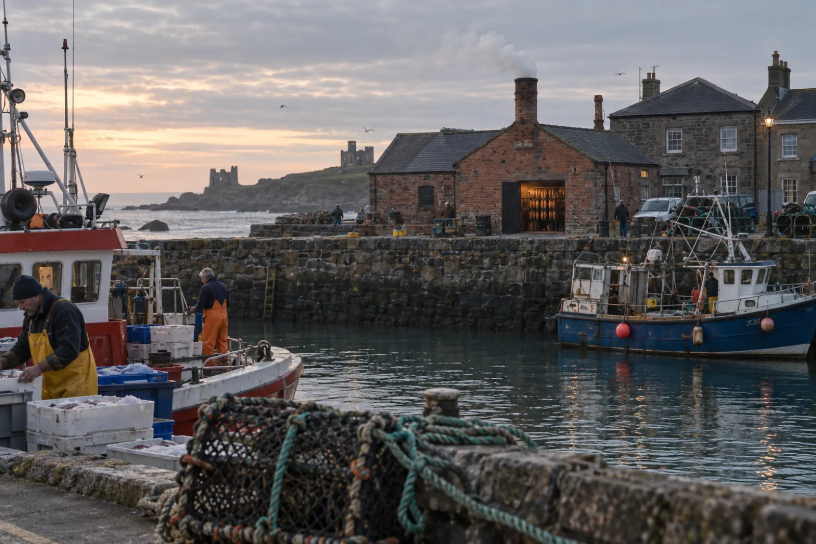 Ardglass harbour and the original 1923 kiln behind the harbour wall, early morning