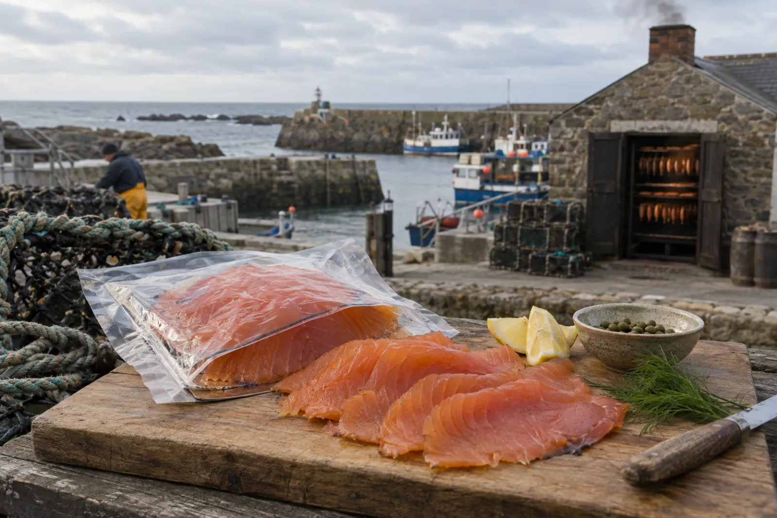 Sliced oak smoked salmon, opened pack on a board