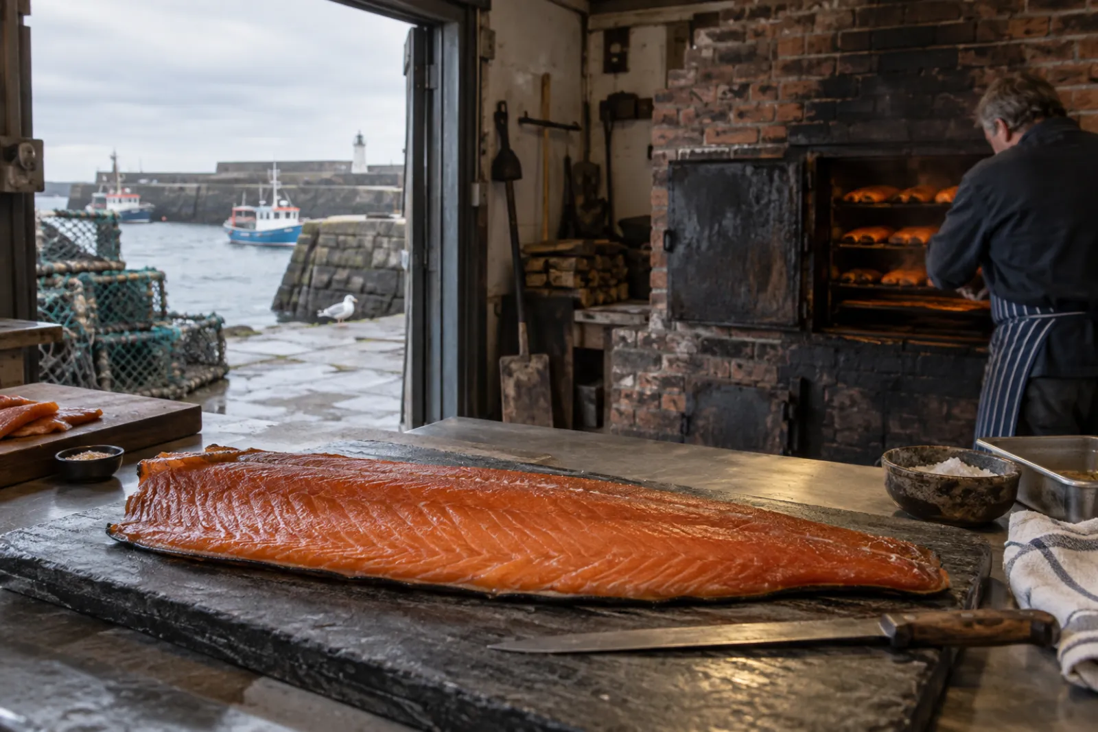 A whole side of smoked salmon, laid out for slicing