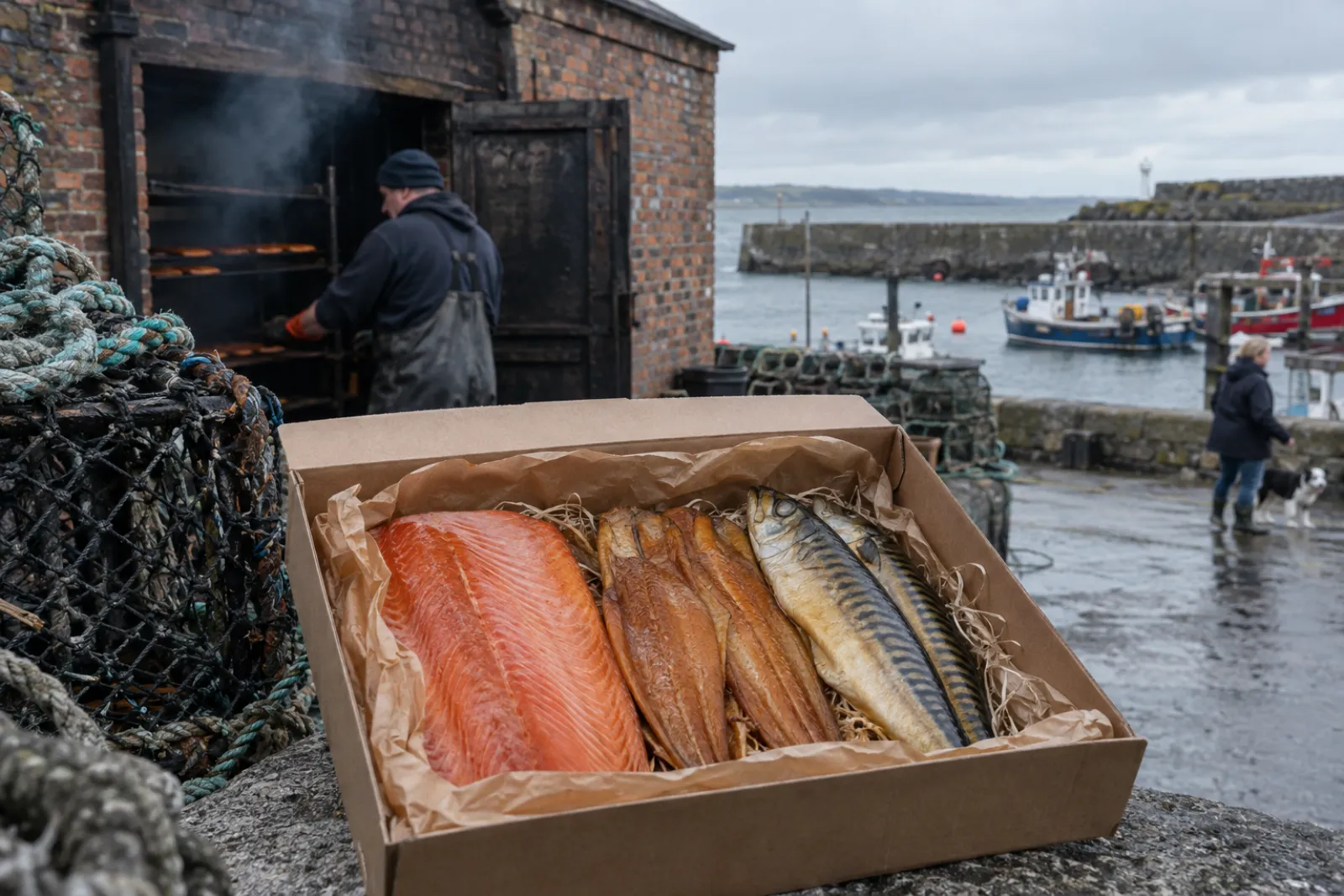 Gift box: smoked salmon, trout and mackerel, lid open
