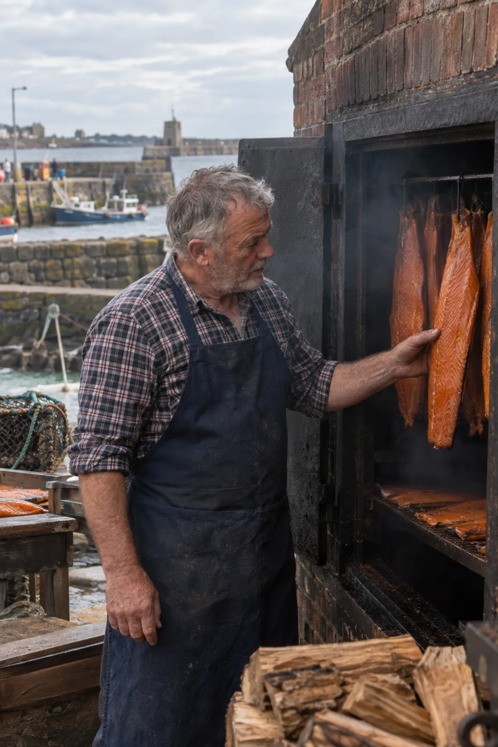 Paddy in the smokehouse, checking sides of salmon in the kiln