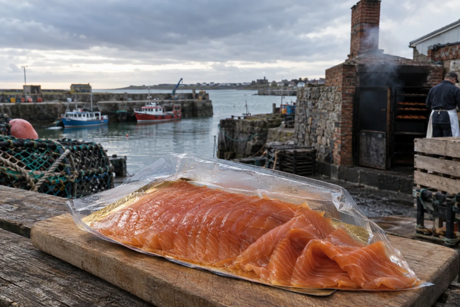 Sliced oak smoked salmon pack, opened, on a wooden board