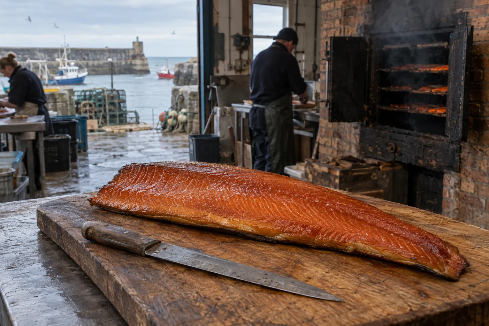 A whole side of oak smoked salmon on the slicing board, knife beside it