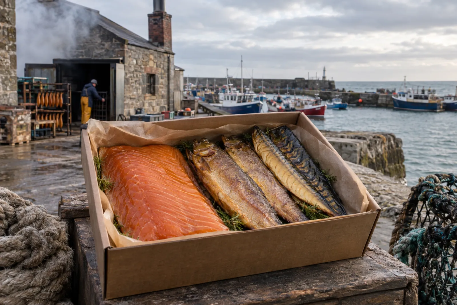 The gift box with its lid off: salmon, trout and mackerel packed in