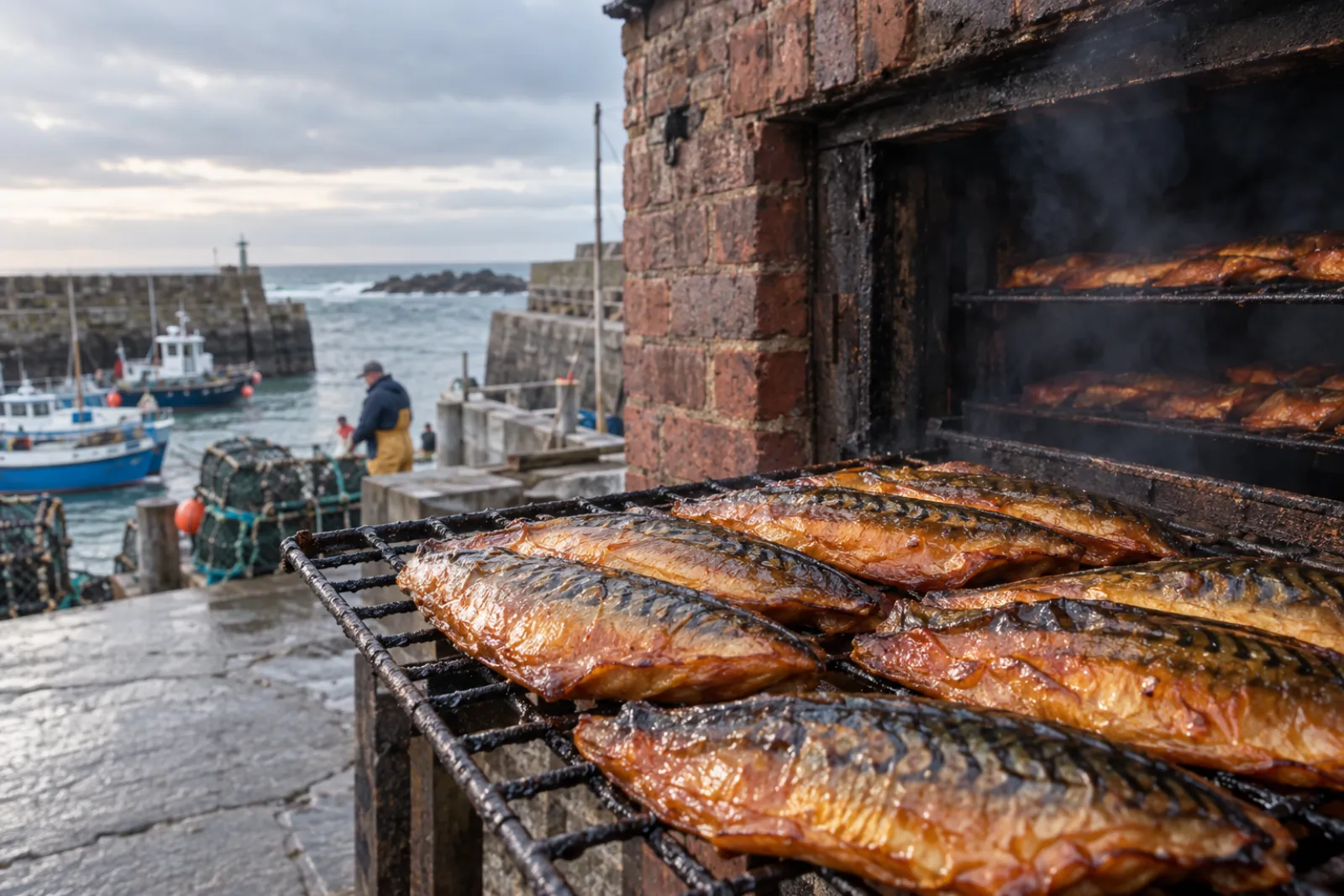Oak smoked mackerel fillets, skin side up, straight from the kiln