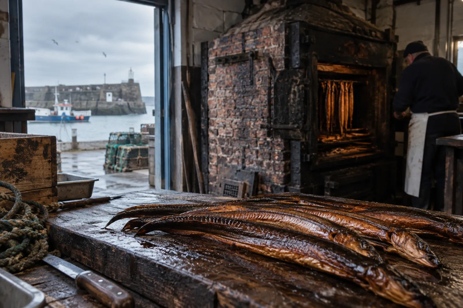 Oak smoked eel on the bench, dark and glossy