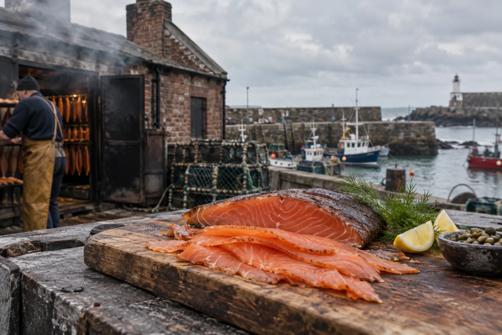 sliced oak smoked salmon on the board