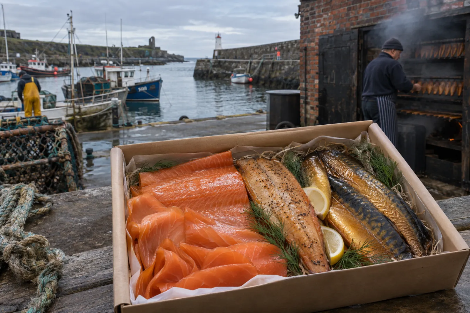 a gift box of smoked salmon, trout and mackerel