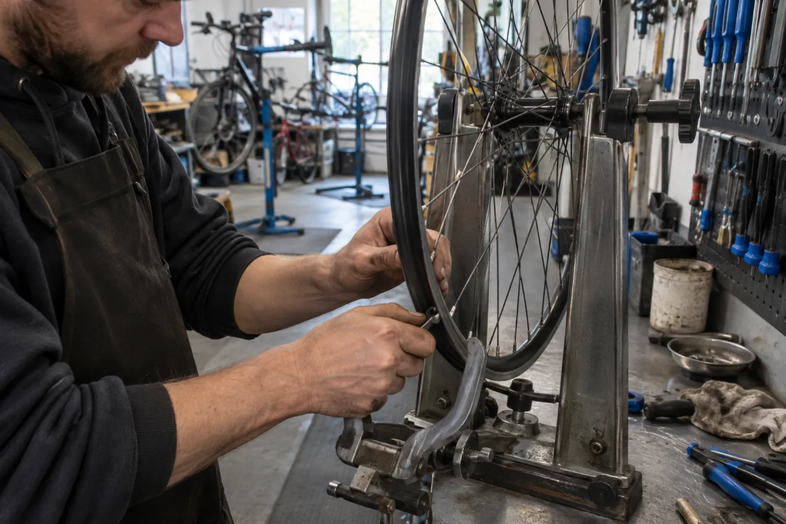 hands truing a wheel