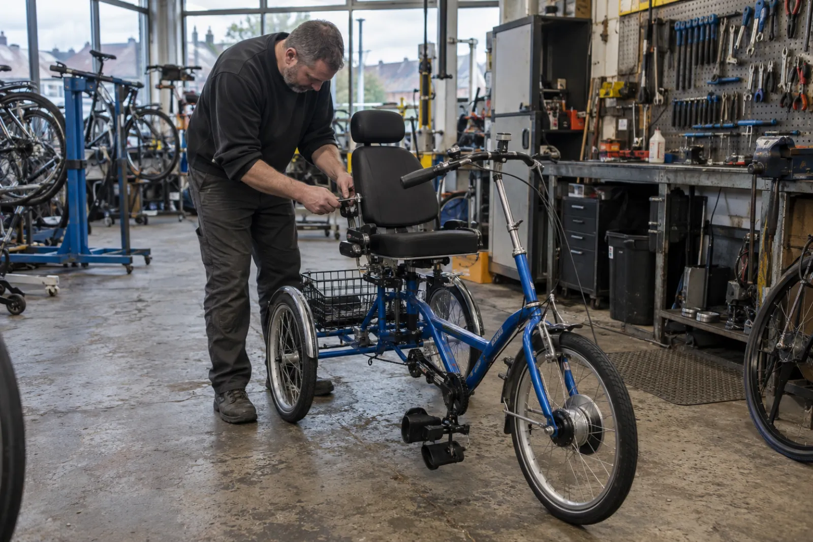 an adaptive trike being adjusted