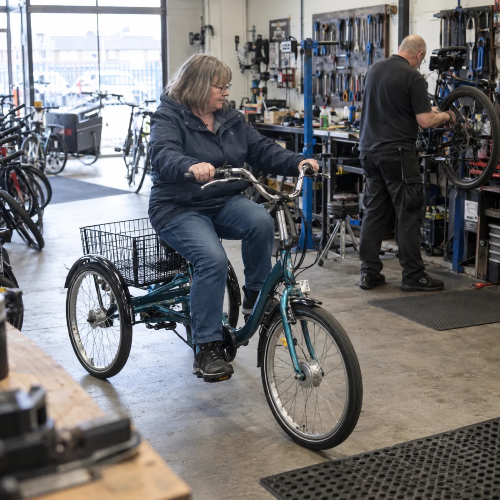 A rider on a trike outside the shop, shown with written consent