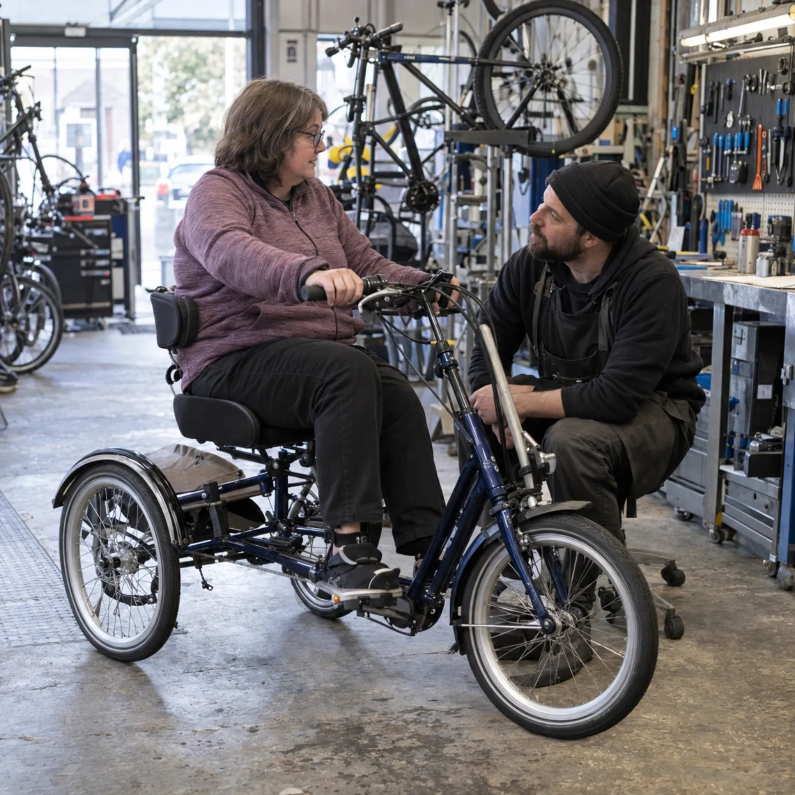 A fitting in progress: mechanic, rider and parent at the stand, shown with written consent