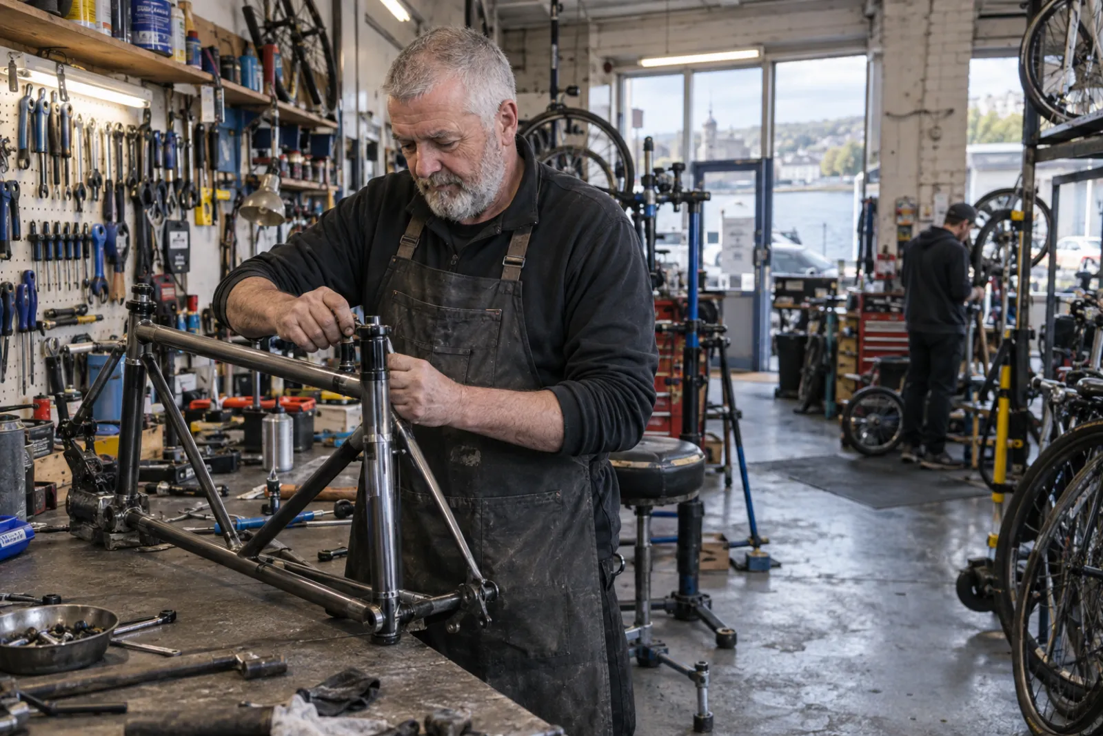 Iain at the workbench, hands on a frame