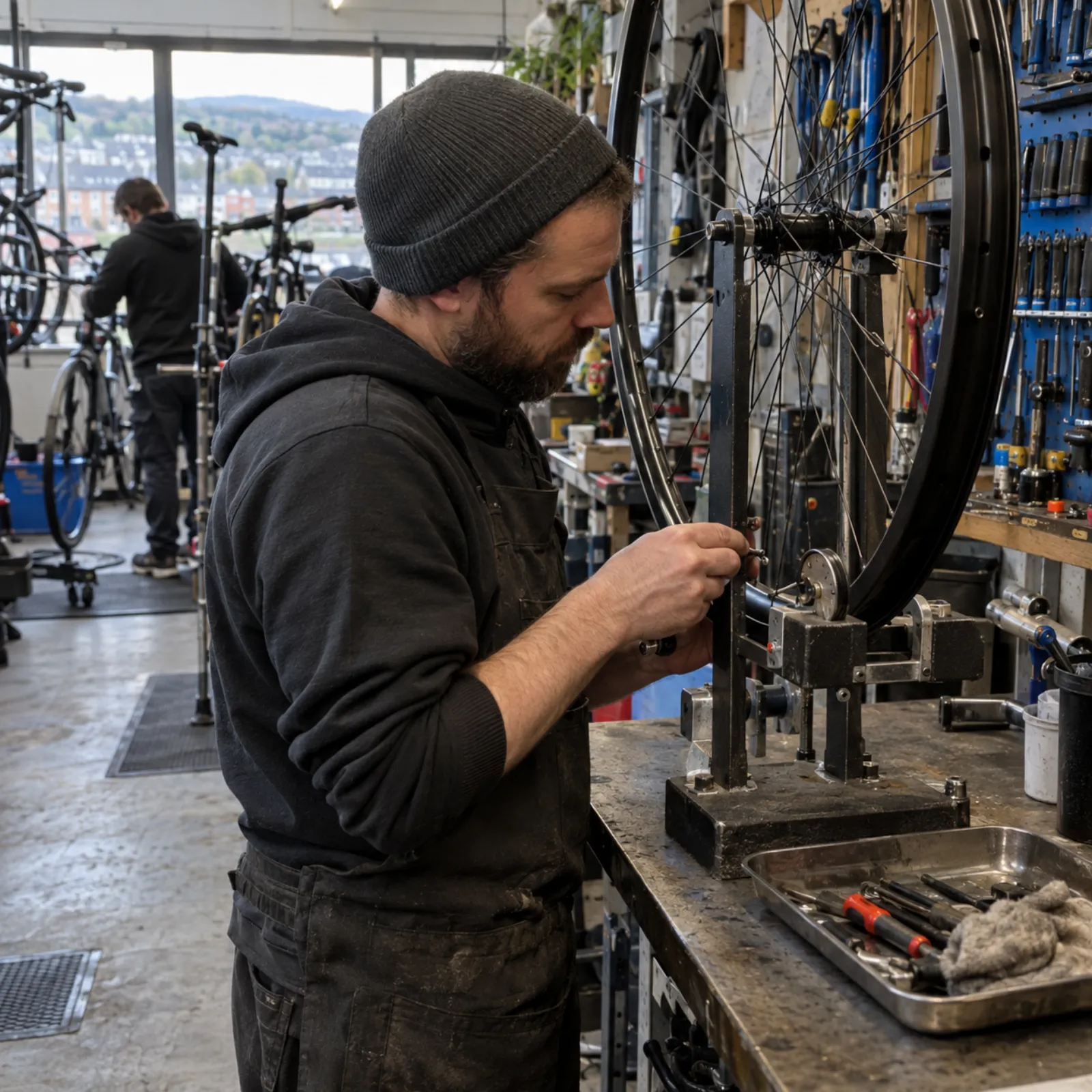 Truing a wheel in the jig