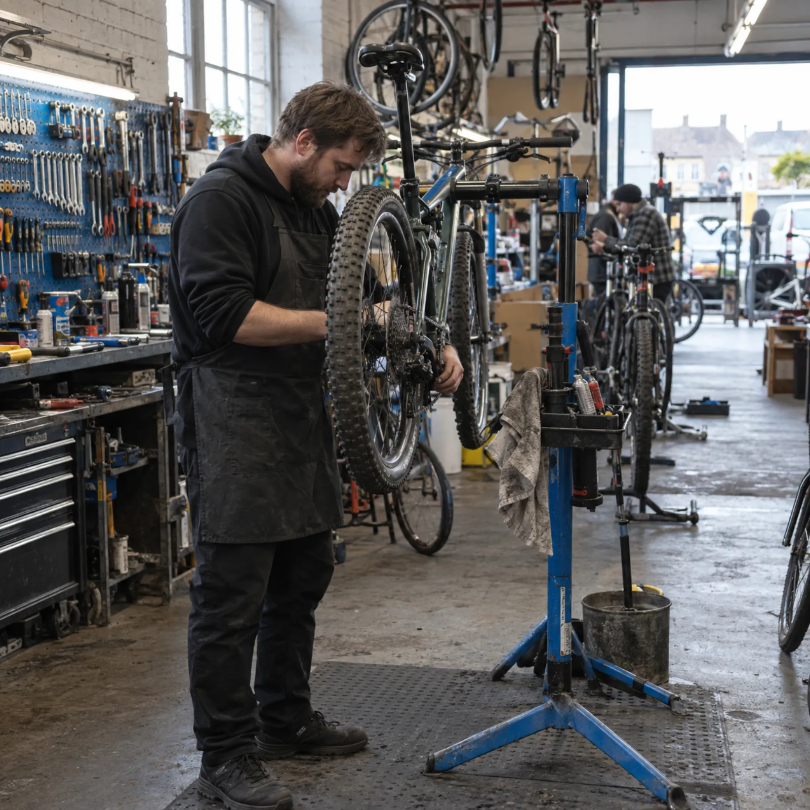 A mechanic at the stand, mid service