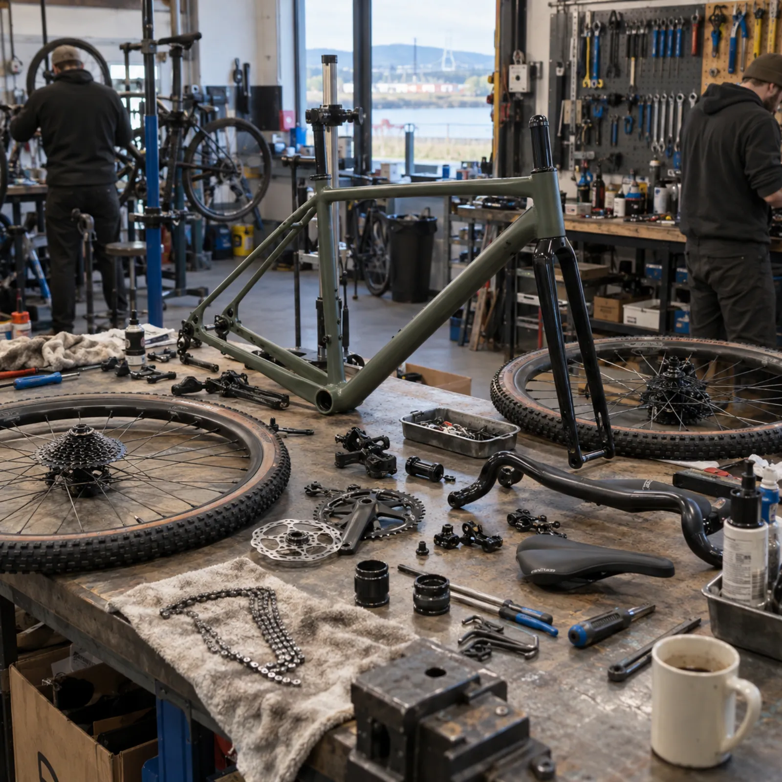 A gravel build laid out on the bench