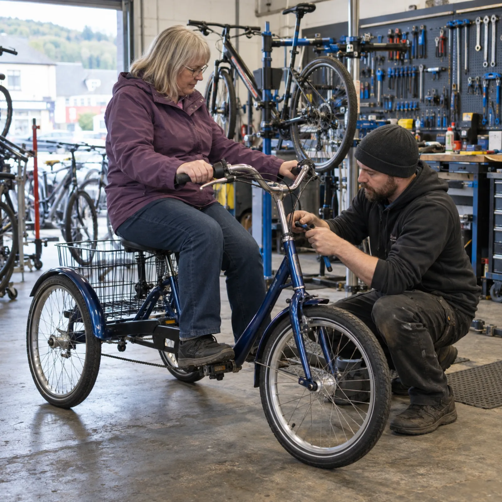 A trike being adjusted for its rider (with written consent)