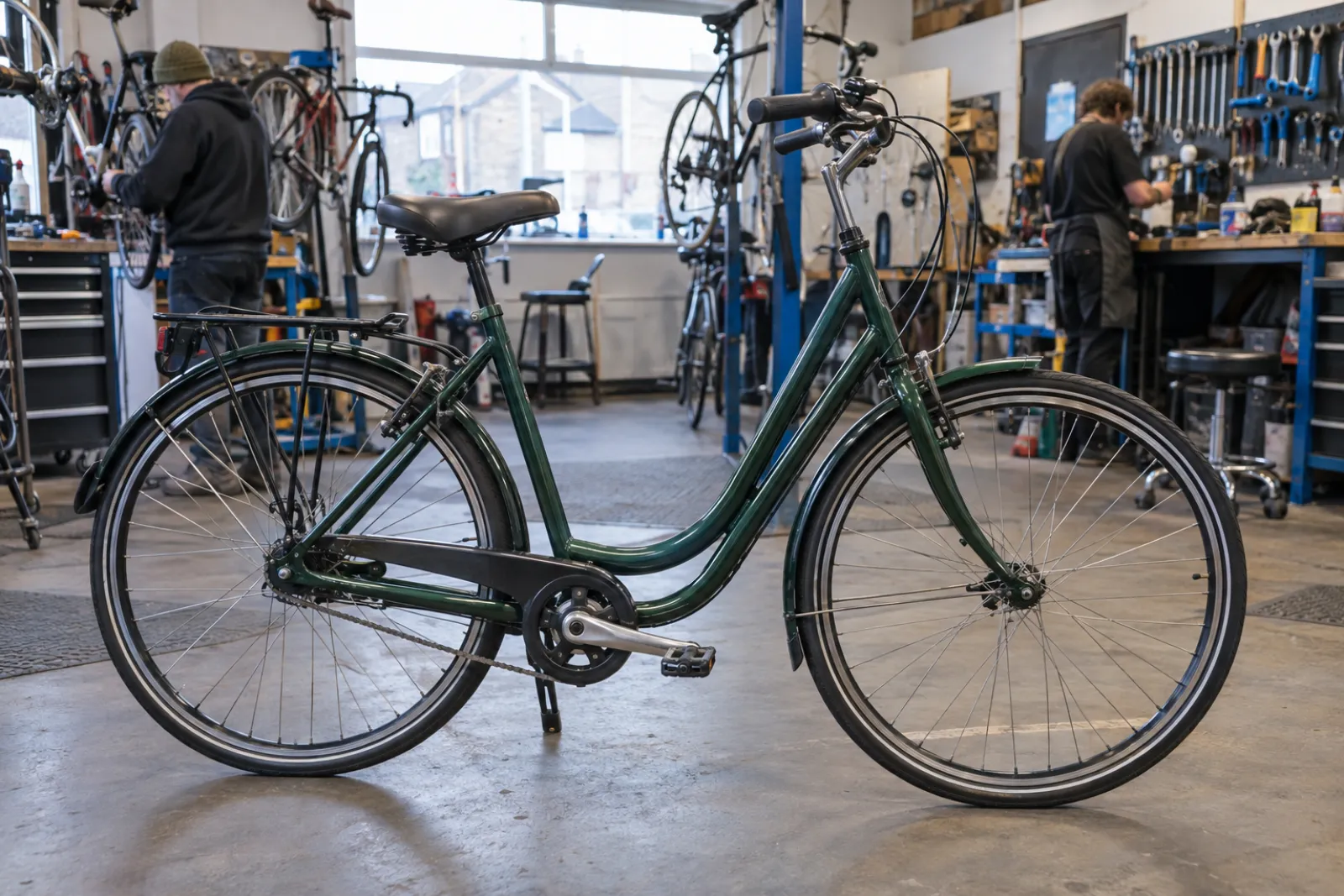 Commuter bike, side on, shop floor
