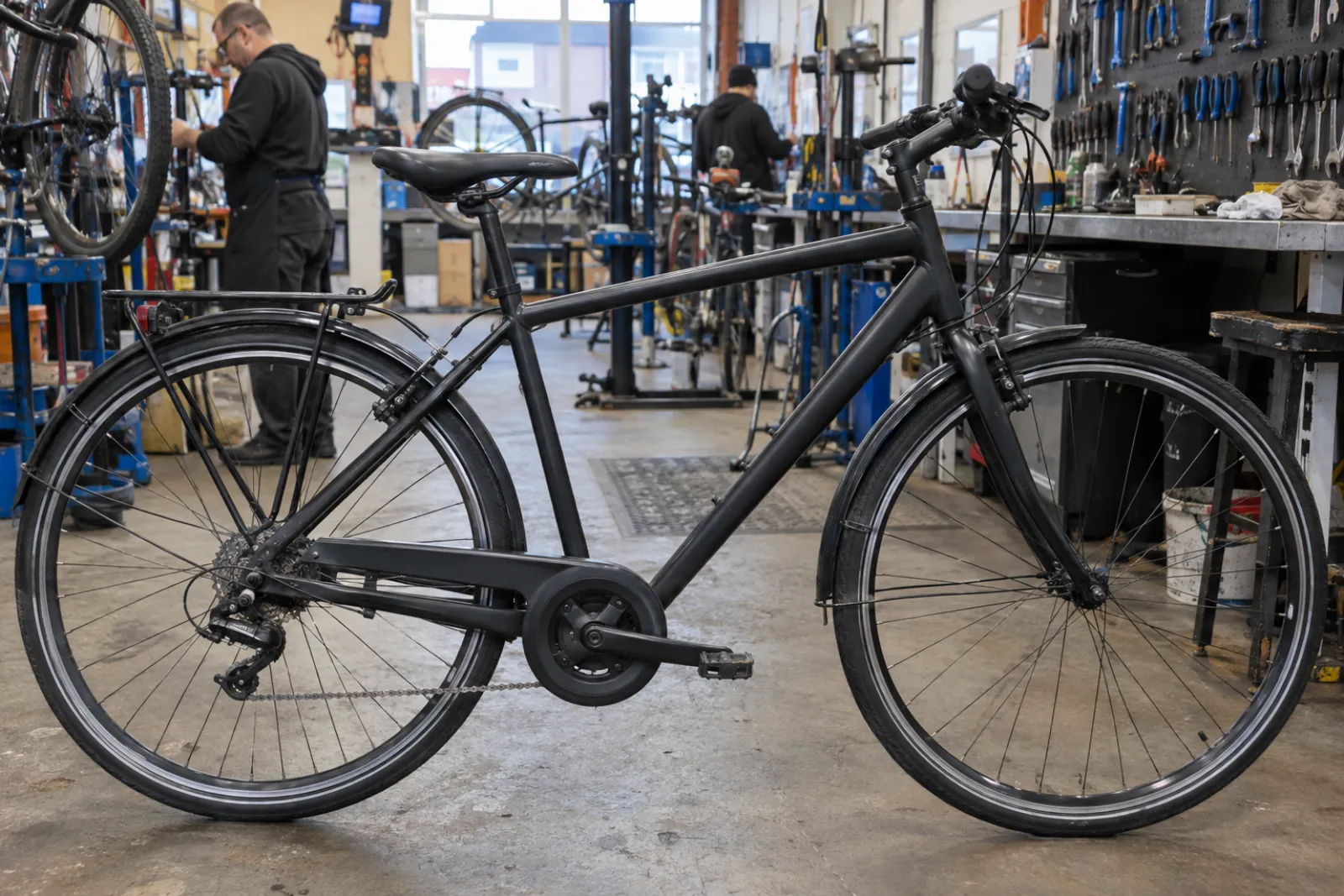 Commuter bike, side on, shop floor
