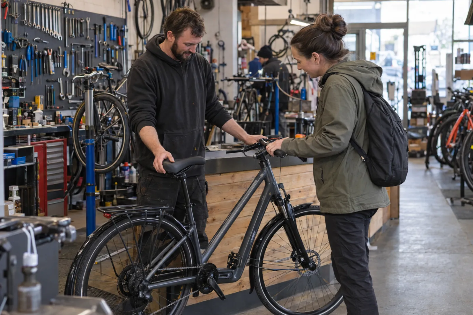 Commuter bike, side on, shop floor