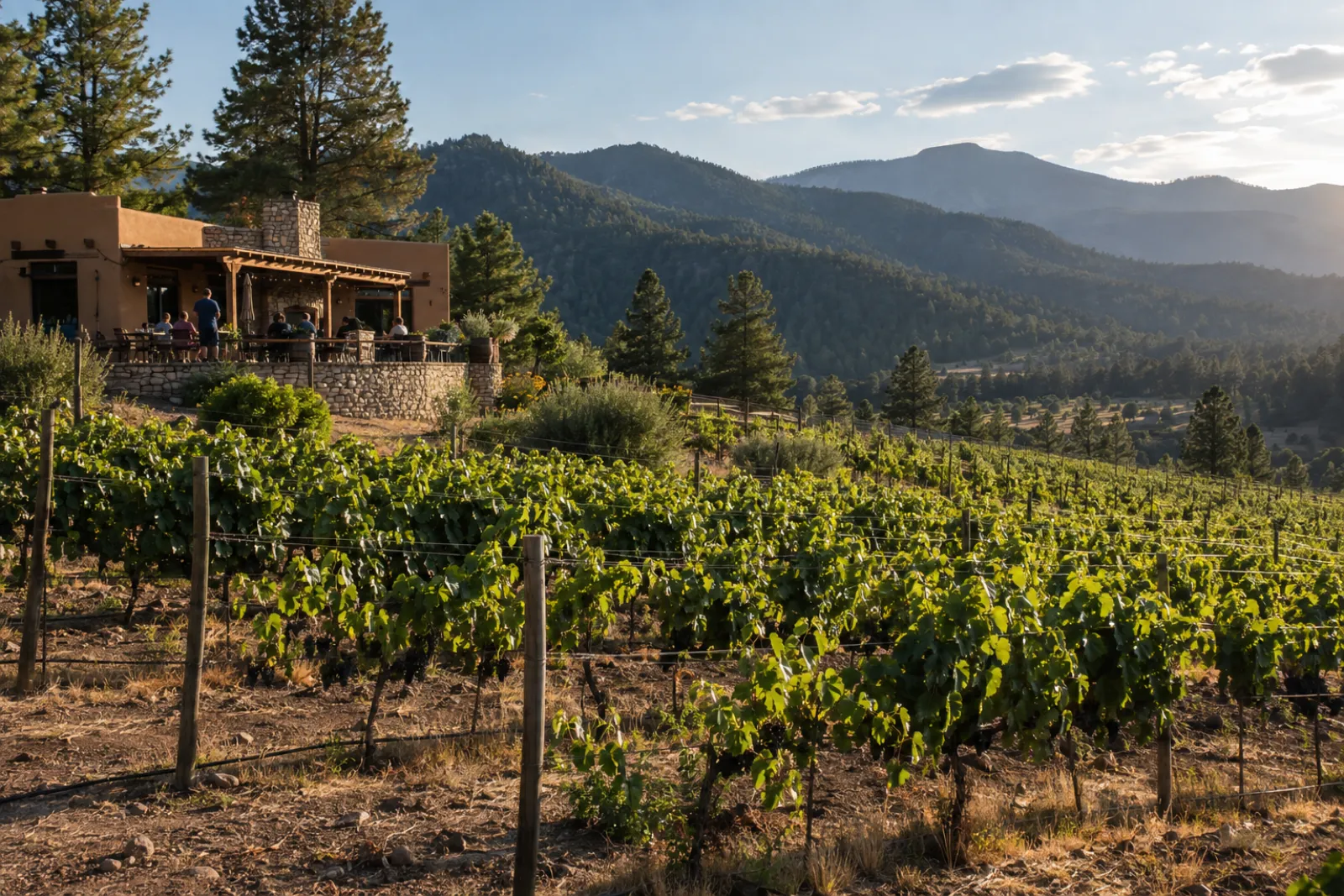 the vineyard against the Sacramento range, late afternoon light