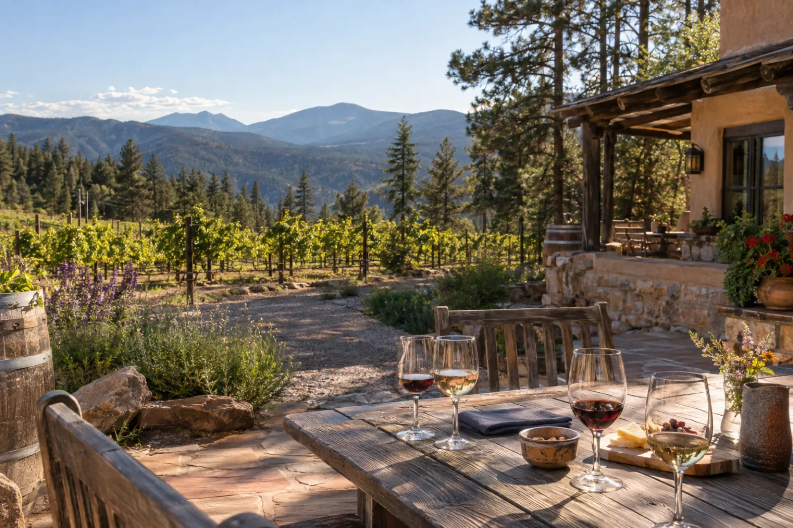 the tasting room terrace, glasses on the table