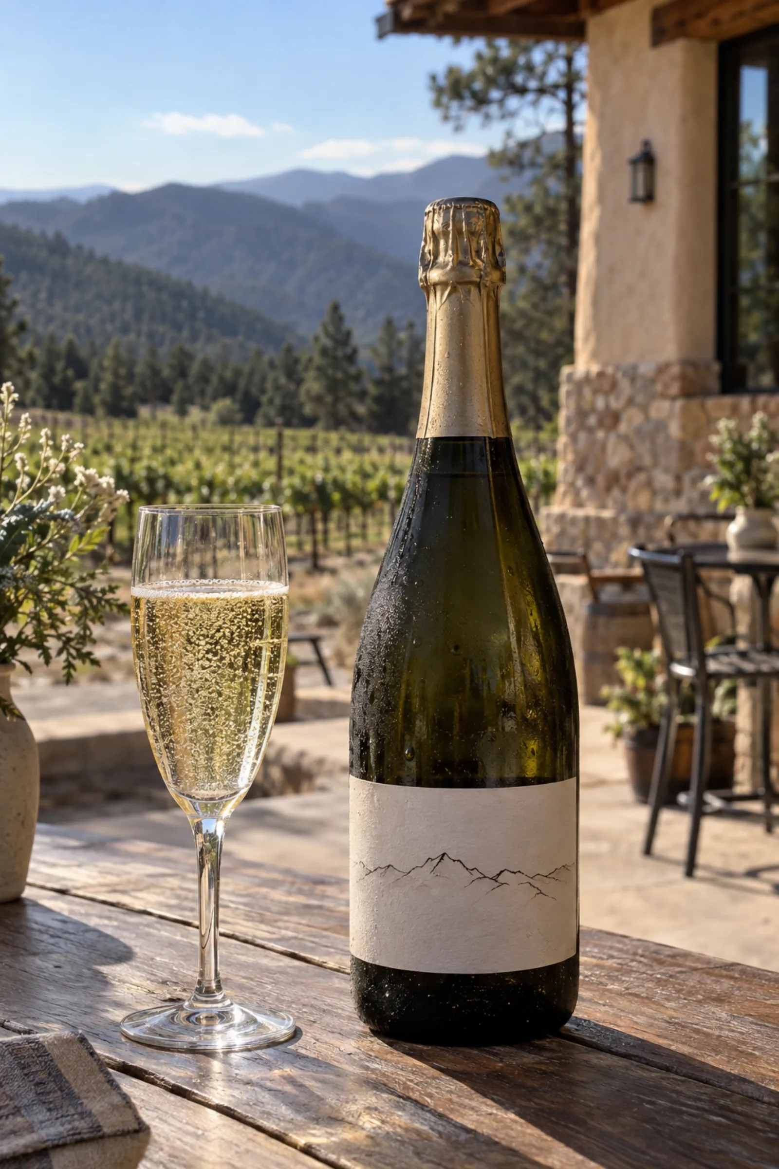 the sparkling, label with the mountain outline, on the terrace