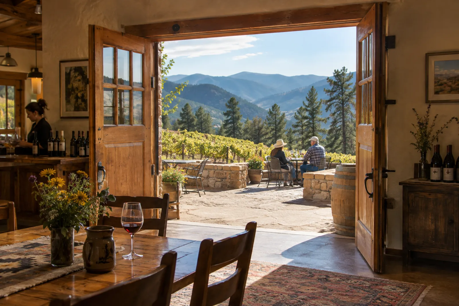 a tasting flight on the long table, mountains through the window