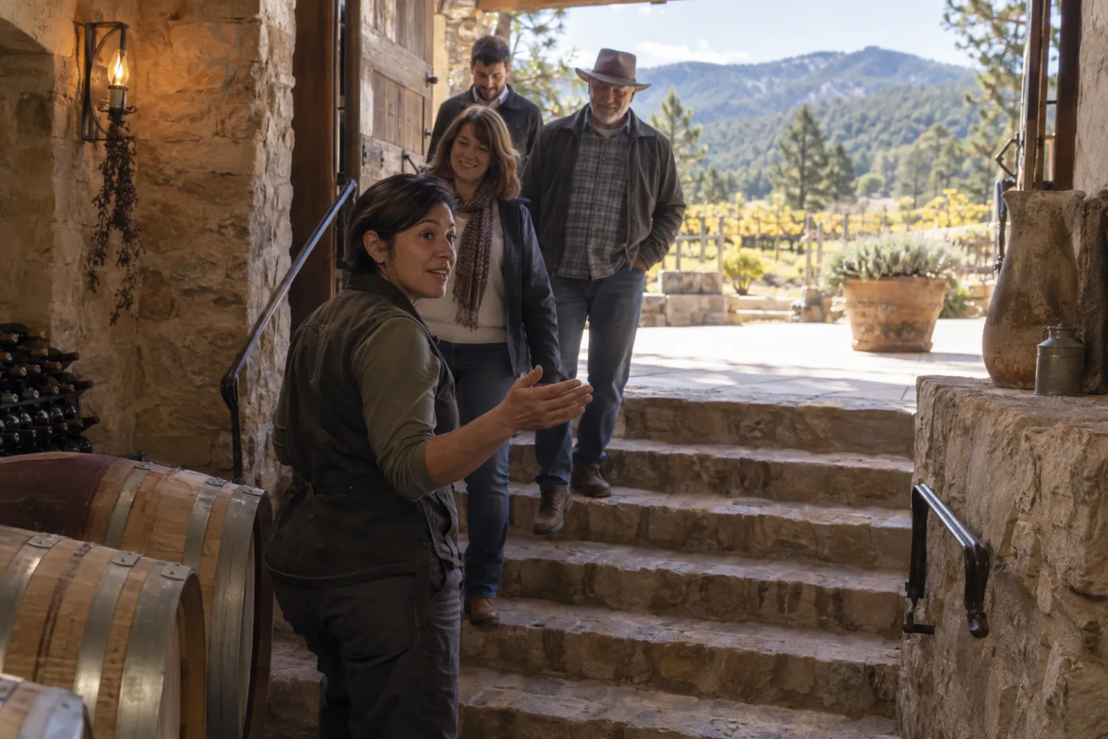 Lucia leading a small group between the vines