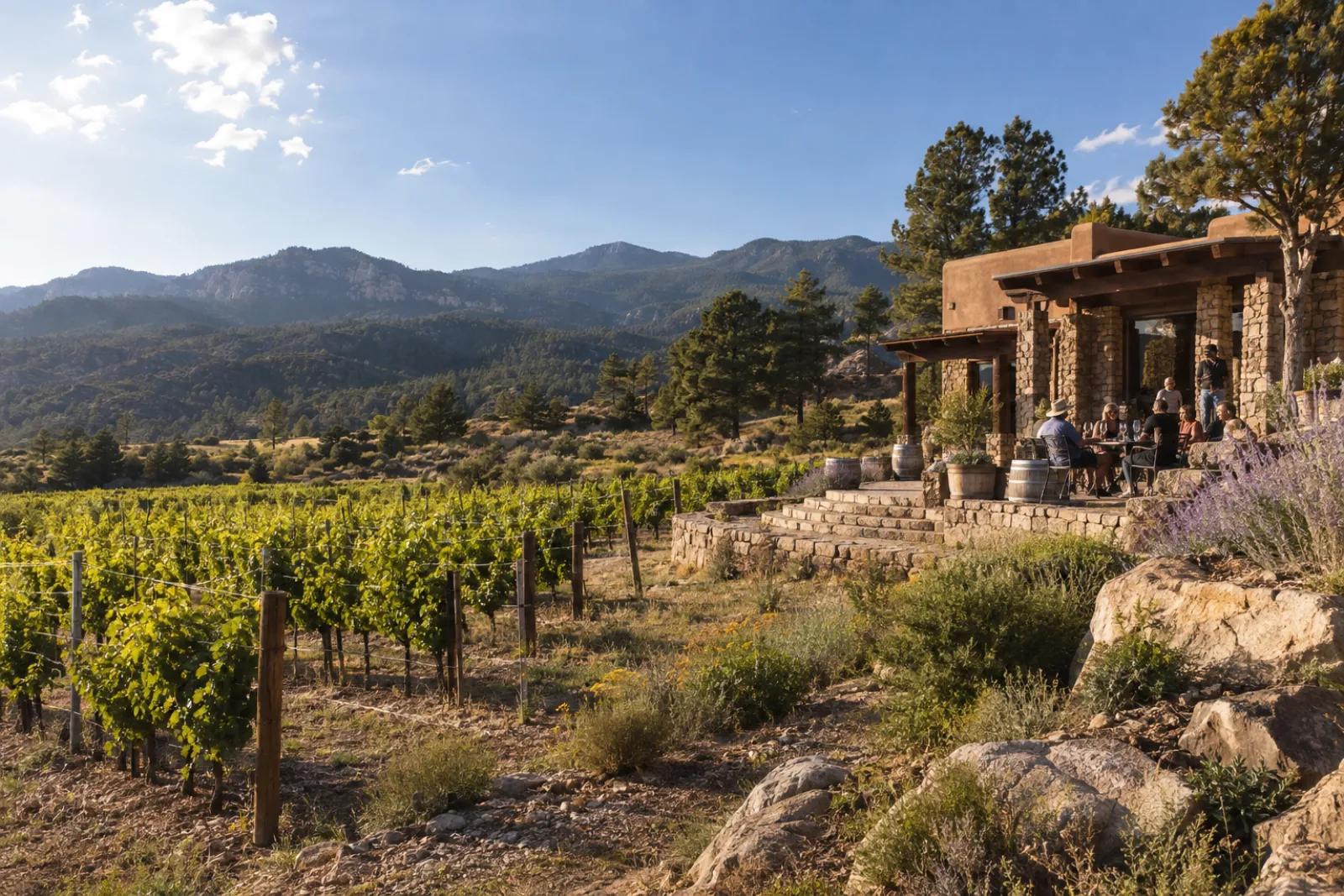 to come · Vineyard and the Sacramento range in warm desert light