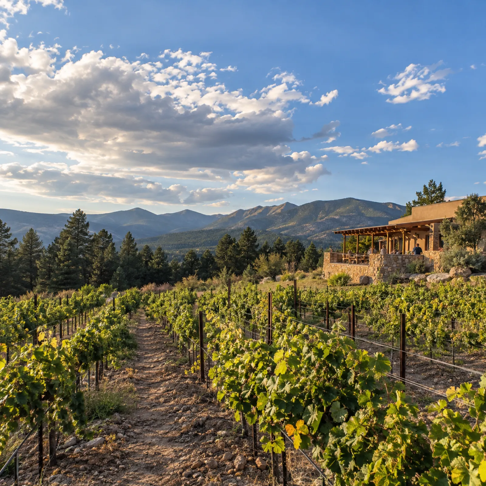 Vine rows and the wide Sacramento mountain sky