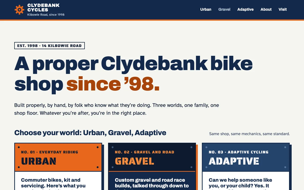 Top of website A for Clydebank Cycles