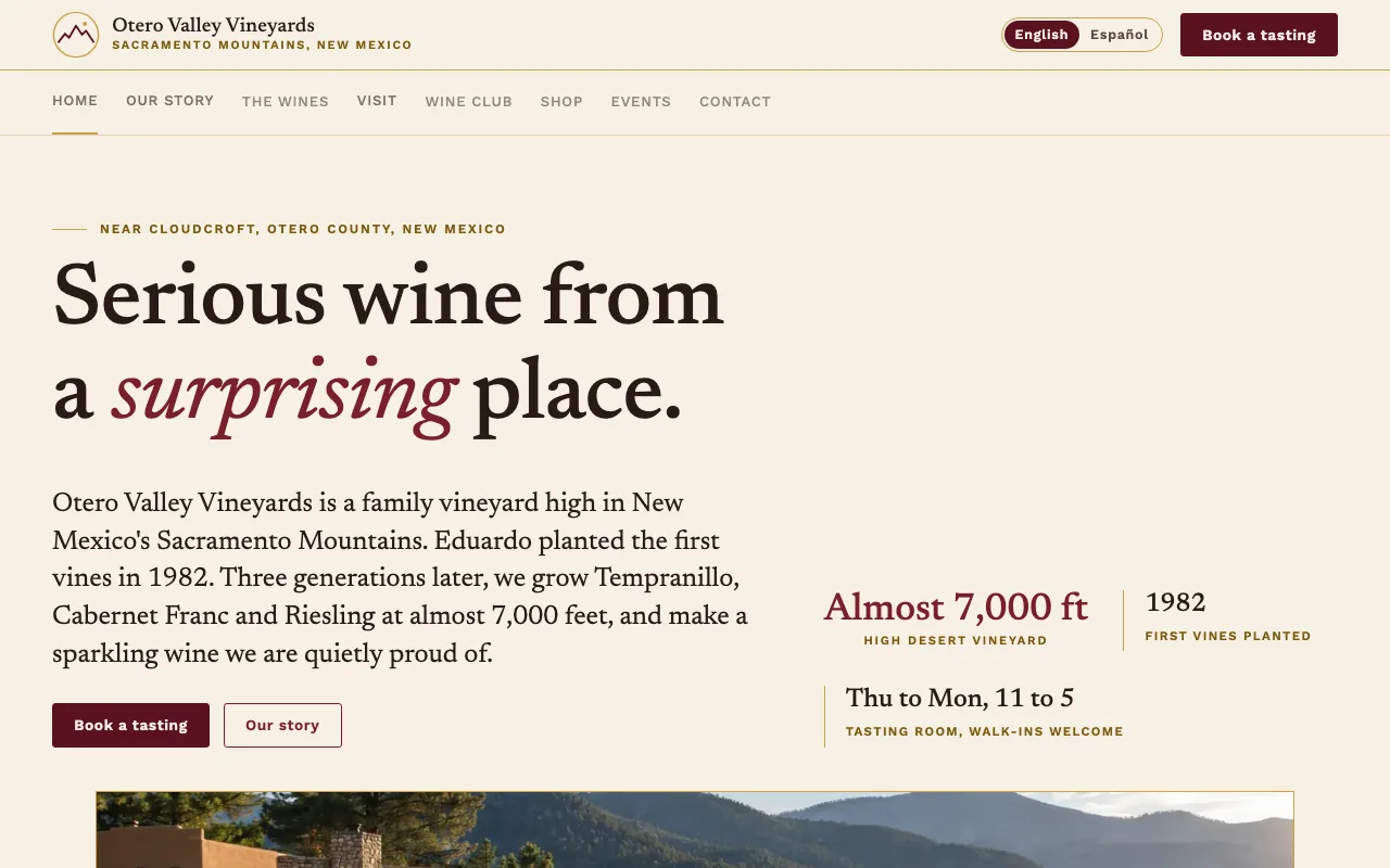 Top of website A for Otero Valley Vineyards